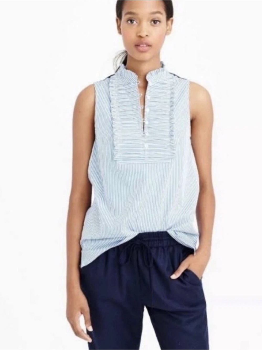 J. Crew Light Blue and White Striped Ruffle Bib Camisole